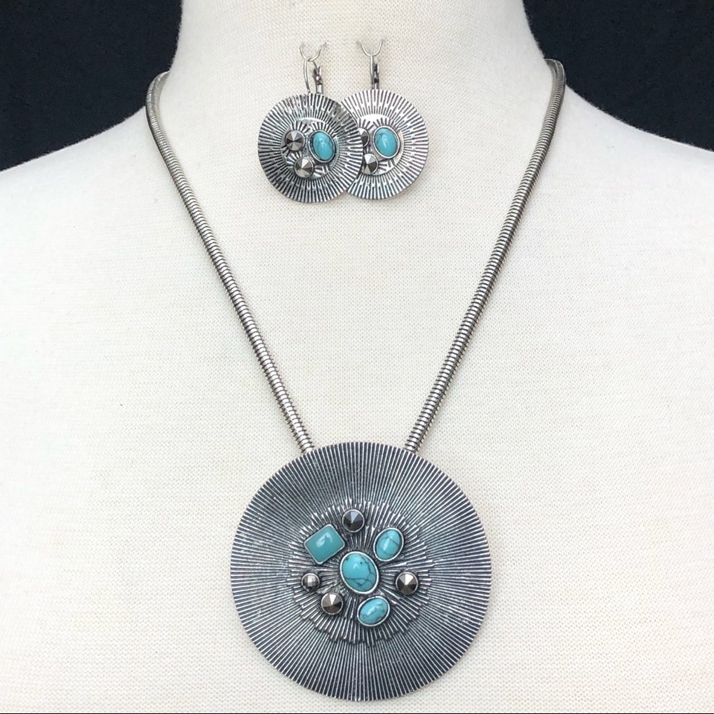 Large Medallion Turquoise Necklace Earrings Set